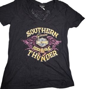 Harley Davidson Womens Tshirt Black XXL Southern Thunder Biker Motorcycle Vneck